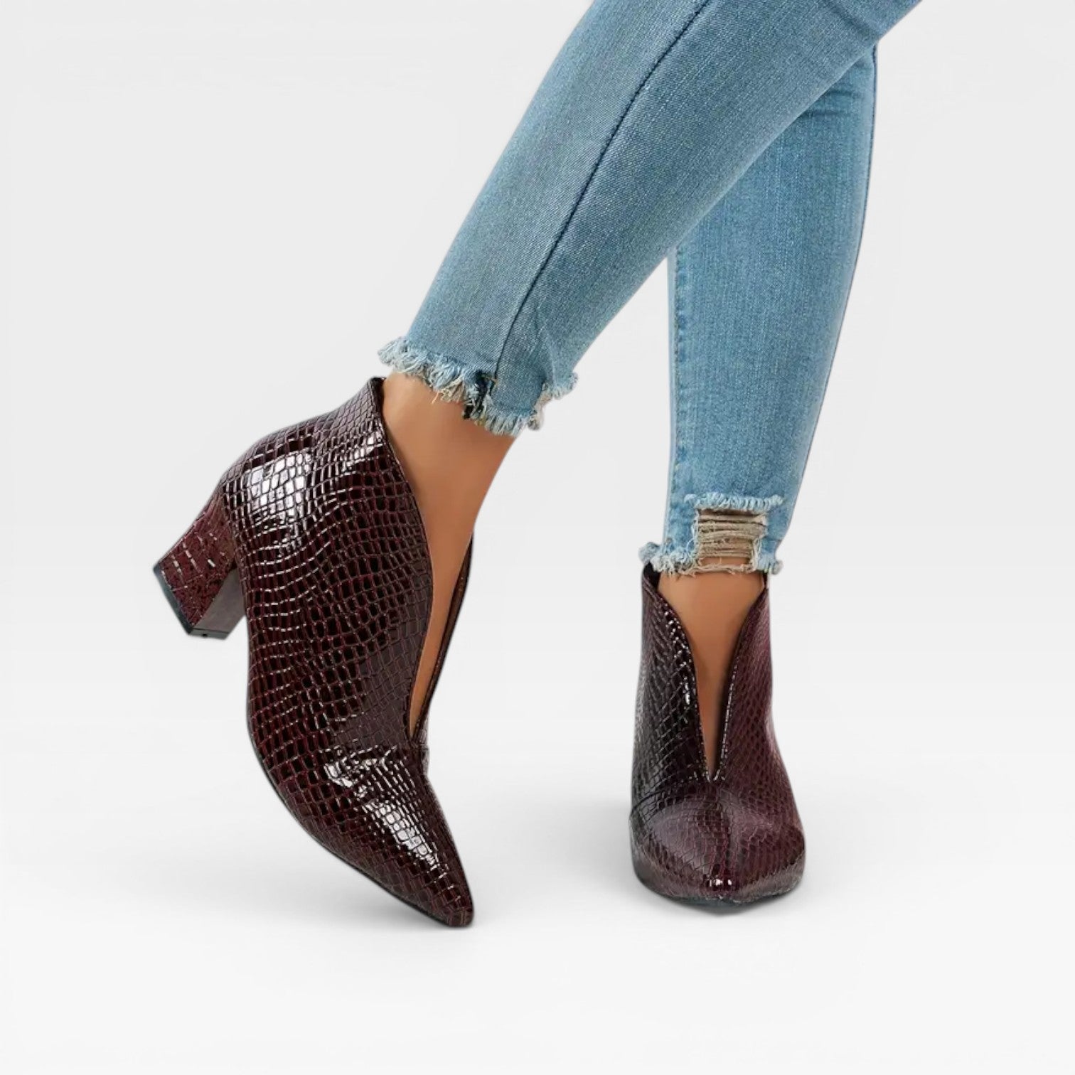 Women’s Croc Effect Ankle Boots – Elegant Pointed Toe Heeled Boots