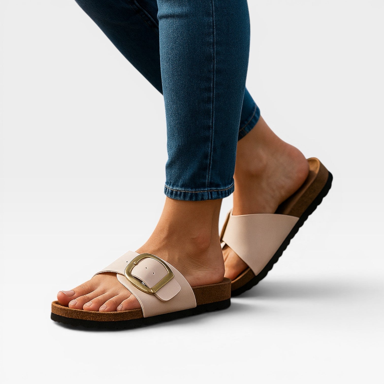 Women’s Summer Slide Sandals – Cushioned Walking Comfort with Gold Buckle