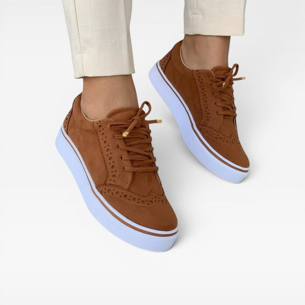 Women's Lace Up Brogue Trainers – Comfortable Suede Look Platform Shoes