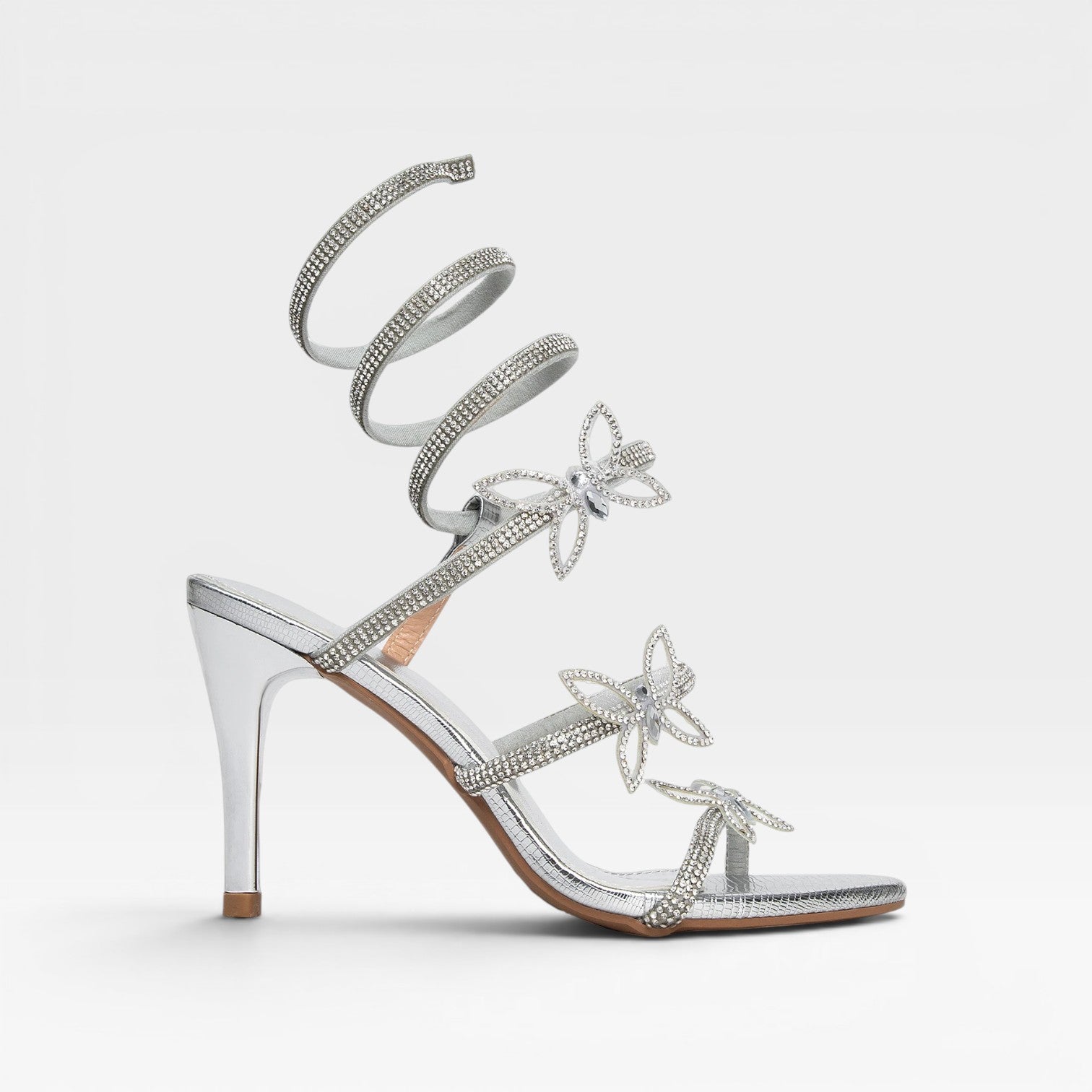 Women's Crystal Butterfly Spiral Heels – Wrap Around Ankle Stiletto Party Sandals