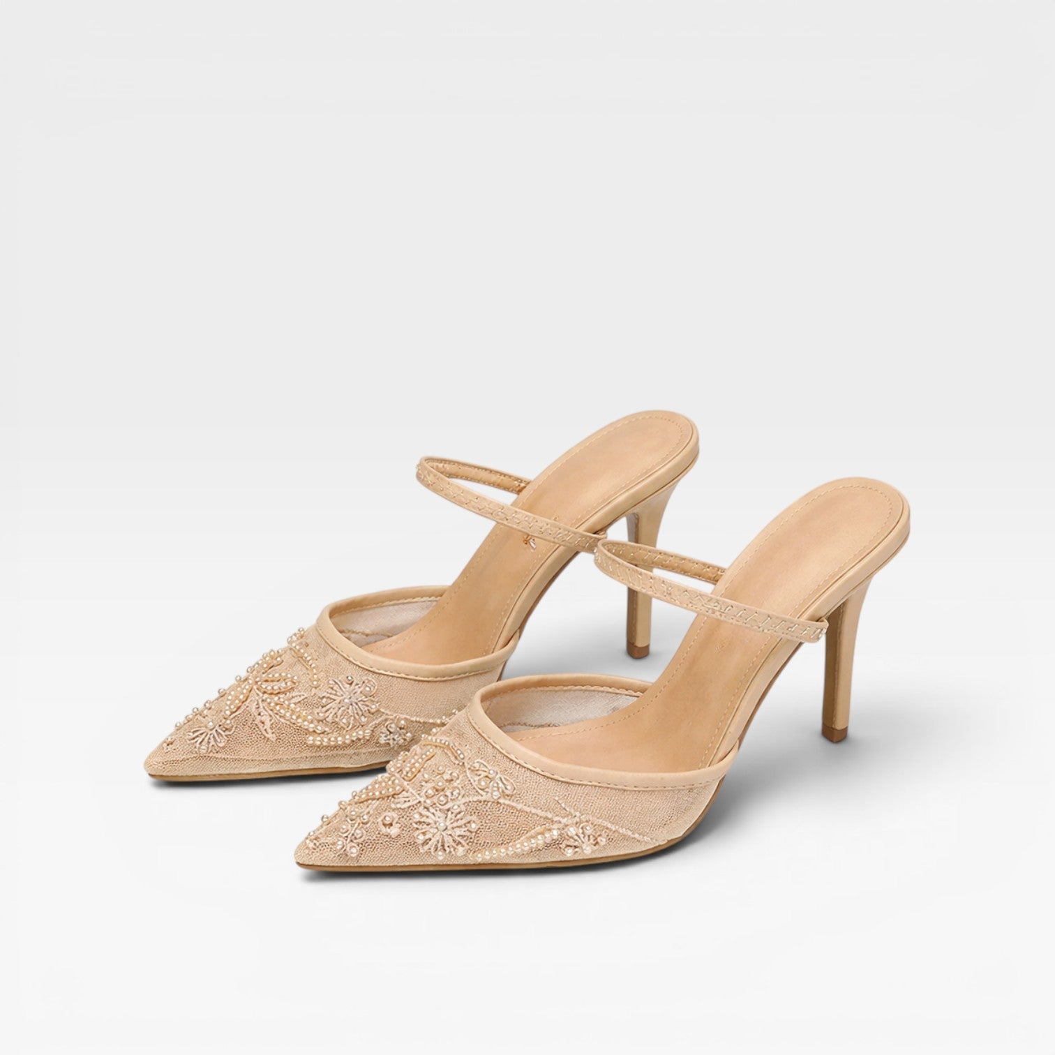 Women's Embroidered Slingback Heels – Floral Mesh Pointed Toe Wedding Shoes