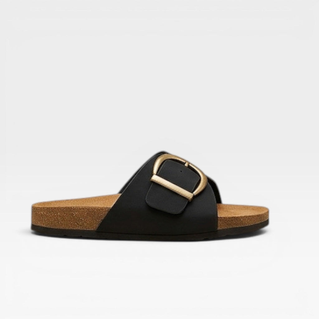 Women’s Summer Slide Sandals – Cushioned Walking Comfort with Gold Buckle