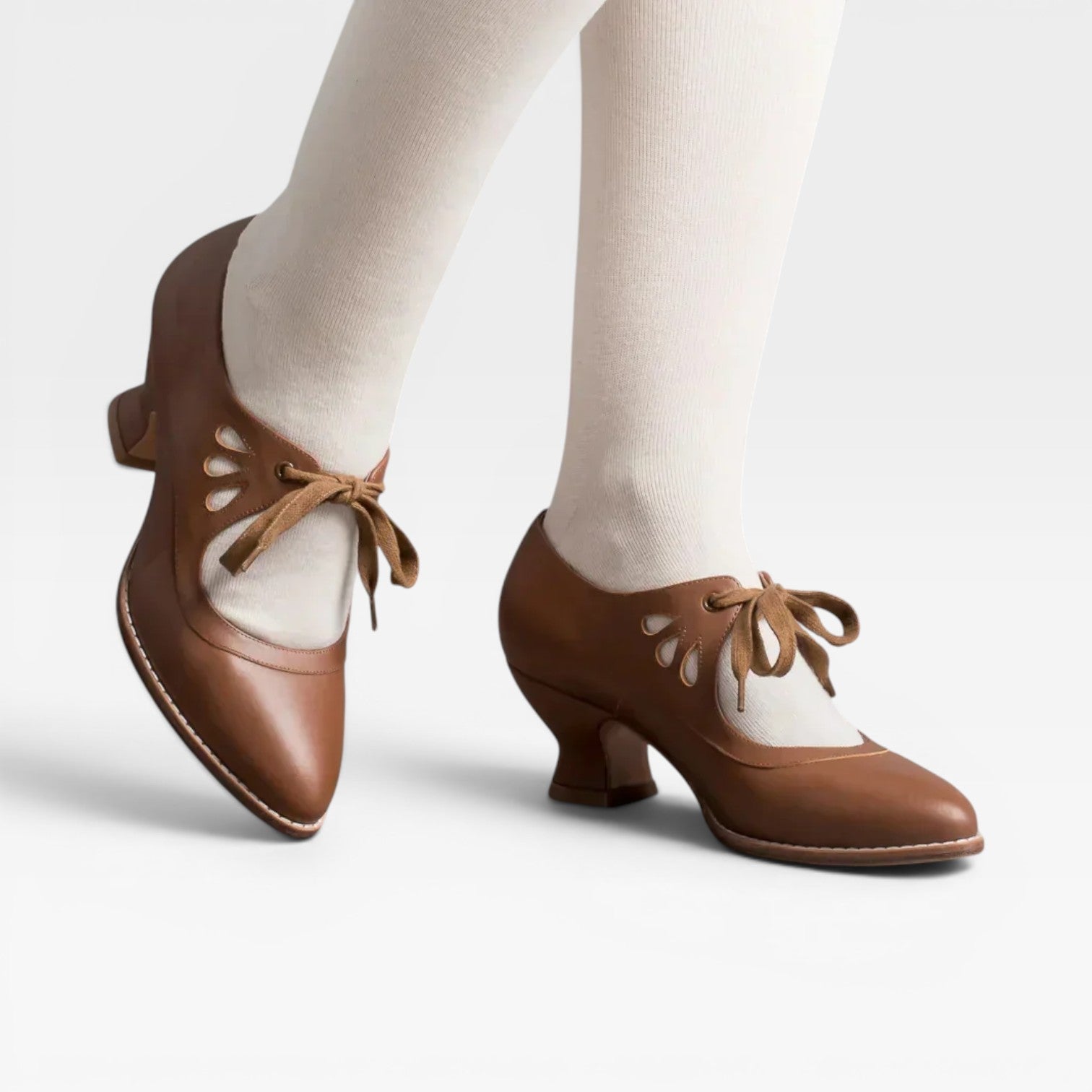 Women’s Leather Lace-Up Heels – Elegant Vintage Low Heel Pumps