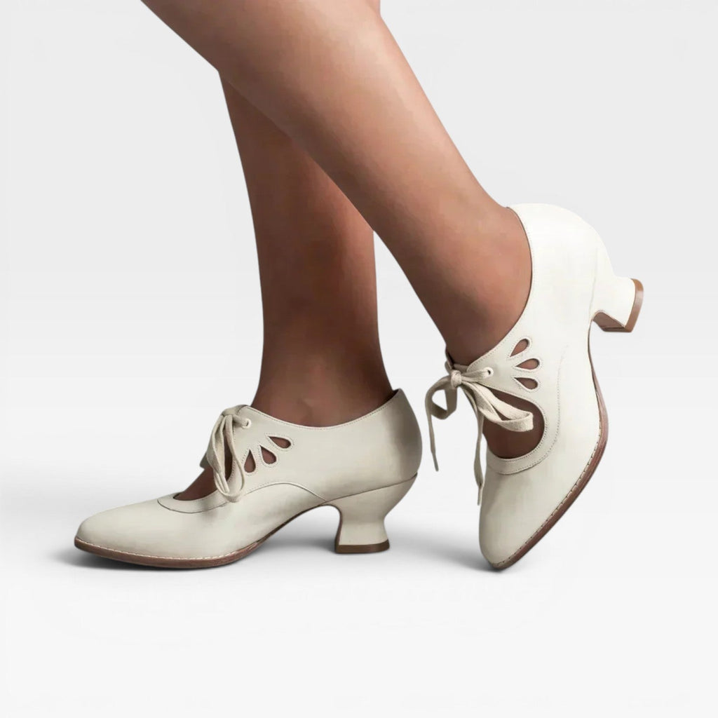Women’s Leather Lace-Up Heels – Elegant Vintage Low Heel Pumps